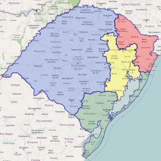 Imagem do mapa do RS em 1809 representando as quatro cidades originais.