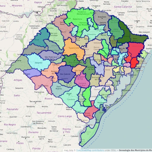 Imagem do mapa do RS em 1920, onde as cidades daquela épocas são representadas em cores diferentes.