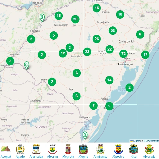 Imagem do Mapa do RS com marcadores (únicos ou agrupados) em verde para mostrar localização de cidades.