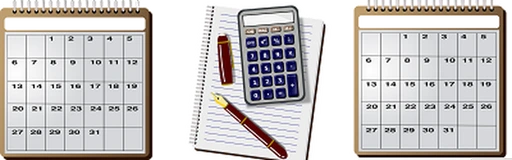 Imagem de um bloco de Notas com caneta e calculadora sobre ele e de cada lado um calendário
